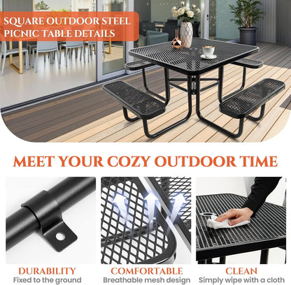 Heavy-Duty Park Bench or Table for Outside - Black Coated Outdoor Furniture Steel Bench, Commercial-Grade Outdoor Benches Weatherproof for Park, Patio, Porch (Black, 46” (Sq. Table))