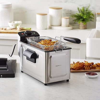 Amazon Basics 3.2-Qt (3.0L) Electric Deep Fryer with Adjustable Temperature Control, Easy Draining Basket, Viewing Window, Fast-Heating 1500W, Stainless Steel Exterior, Black & Silver