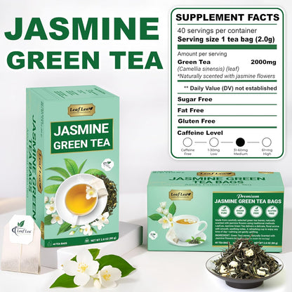 LeafLea 80 Jasmine Green Tea Bags, Green Tea with Natural Jasmine Aroma, Light Focus & Daily Balance, Delicate Floral and Smooth Taste, Caffeinated, Sugar-Free, Non-GMO, Vegan, Individually Wrapped