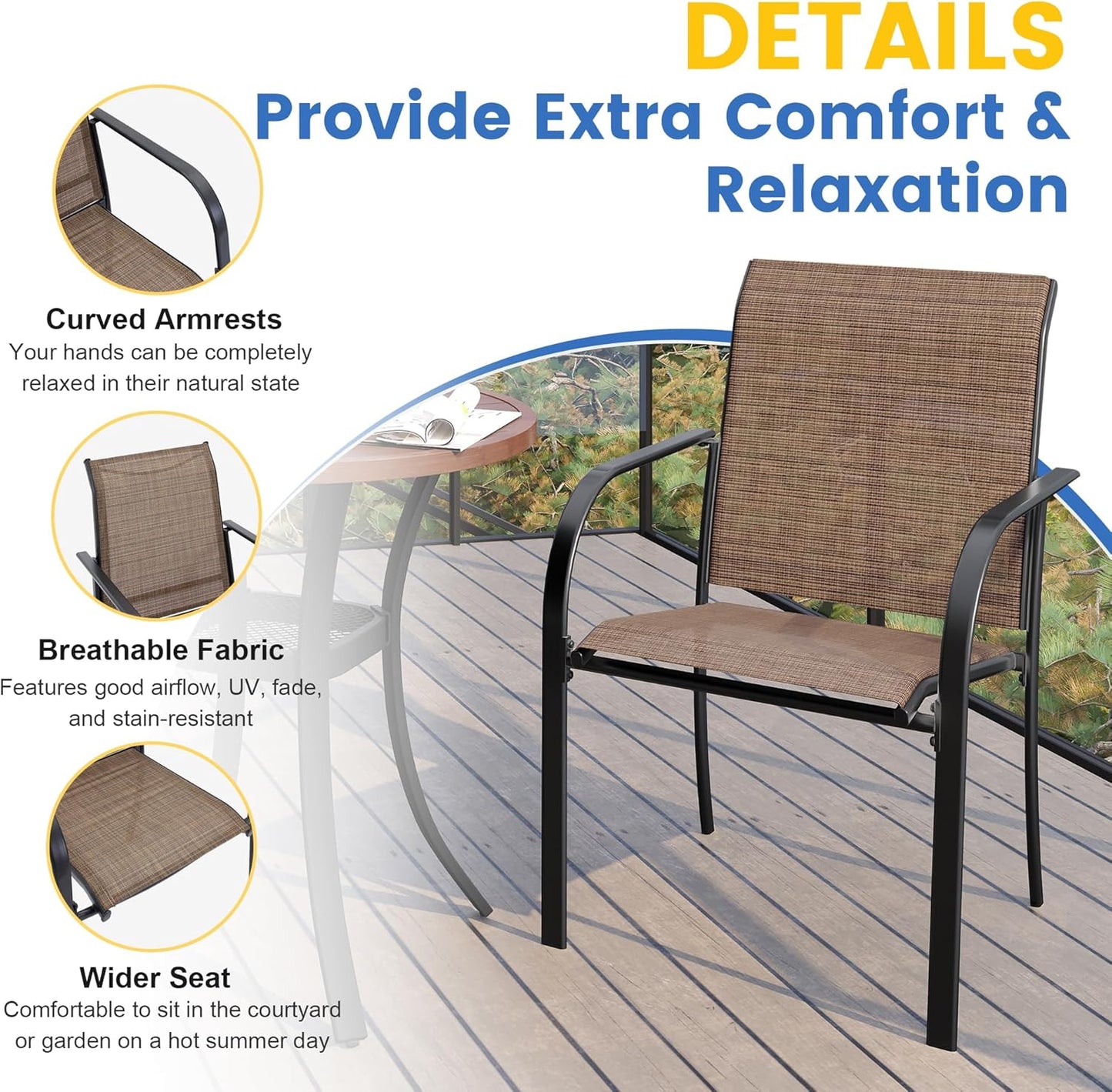 VICLLAX Patio Dining Set for 8, Outdoor Furniture Set Includes 53" Round Patio Table and 8 Patio Sling Chairs, Walnut Wood-Like Tabletop and Brown Fabric