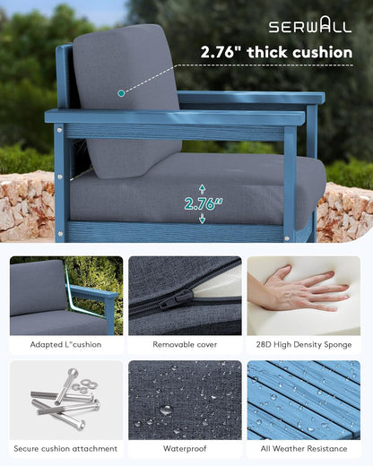 SERWALL 4 Pieces HDPE Outdoor Sofa Set with Cushion, All Weather Use Conversation Couch Set, Outdoor Loveseat Social Furniture with Coffee Table and Cushions, Blue Frame with Grey Cushions