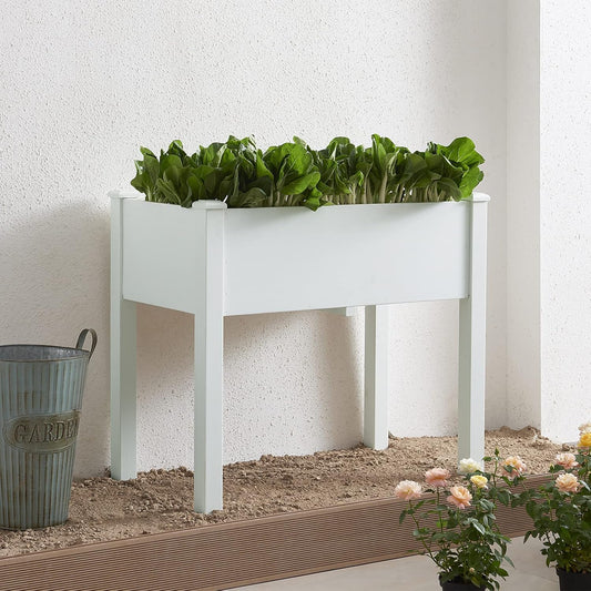 Psilvam Raised Garden Bed with Legs, Poly Lumber Raised Planter Box, Outdoor Elevated Garden Bed Suit for Backyard, Patio, Balcony 34" D x 18" W x 30" H（White）
