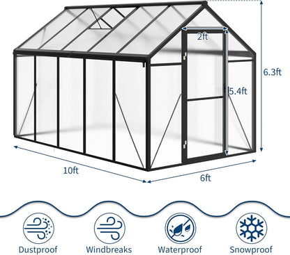 6x10 FT Greenhouse, Easy Assembly Aluminum Polycarbonate Greenhouses for Outdoors with Roof Vent and Ground Nails, Heavy Duty Aluminum Walk-in Greenhouse for Backyard, Sliding Lockable Door, Black