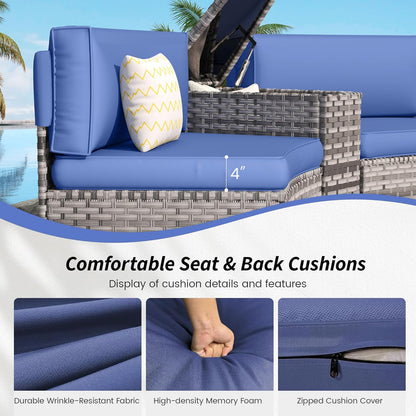 Patio Sectional Furniture Outdoor 8-Piece Grey Rattan Curved Sofa Set with Fire Pit Table,Storage Table,Pillows,Fit for Pool Backyard Balcony Porch Lawn (Navy)