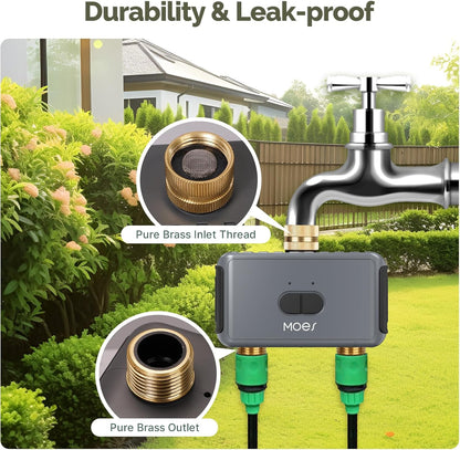 MOES WiFi Sprinkler Timer 2 Zone with Brass Inlet & Outlet, Water Timer for Garden Hose Faucet, Programmable Watering Irrigation 2 Outlet, Smart Watering System for Lawns and Yard Work with Alexa