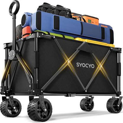 Collapsible Wagon with Big Wheels, Beach Wagons Carts Foldable with All-Terrain Wheels, Large Weight Capacity Heavy Duty Carts with Cup Holders for Camping, Garden, Sports, Grocery Black
