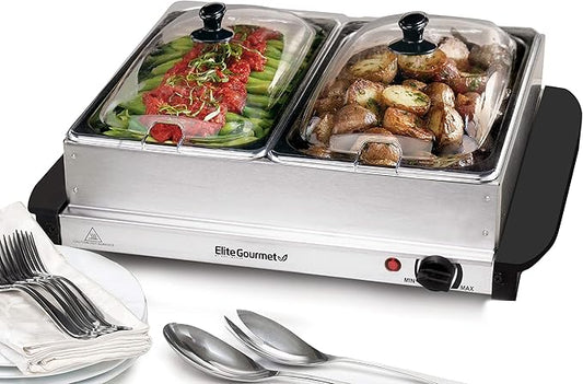 Elite Gourmet EWM-6122X Deluxe Dual Buffet Server Food Warmer Party Tray, Gravy & Holiday Essentials, Special Events, 2 x 2.5Qt, Stainless Steel