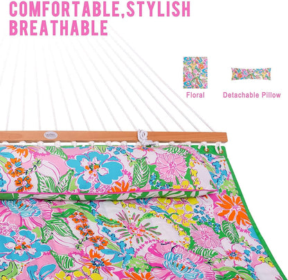 Lazy Daze Hammocks 12 FT Double Layered Quilted Fabric Hammock Swing with Pillow and Carrying Bag, Elegant Tassels and Spread Bar Heavy Duty Stylish for Two Person, Floral