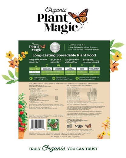 Organic Plant Magic - Truly Organic™ Long-Lasting Spreadable Plant Food: All-Purpose Fertilizer Granules for All Flower Vegetable Herb Fruit Tree Shrub Container Garden & House Plants [One 20 lb Bag]