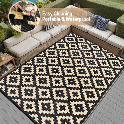 Outdoor Plastic Straw Rug, Waterproof Mat, Washable Large Floor Mat and Rug for Outdoors, RV, Beach, Patio, Camping, Backyard, Deck, Picnic, Indoor Outside (8x10ft,Geometry/Black&Beige)