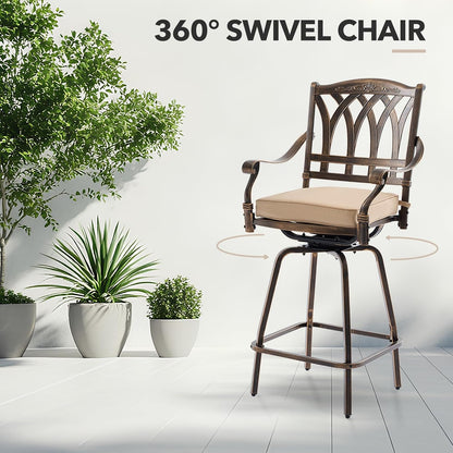 3 Piece Swivel Outdoor Table and Chairs Bar Set , All-Weather Cast Aluminum Outdoor High Top Patio Bar Set Bistro Set, High Swivel Stools with Cushions Umberlla Hole for Balcony, Poolside,Garden,Lawn