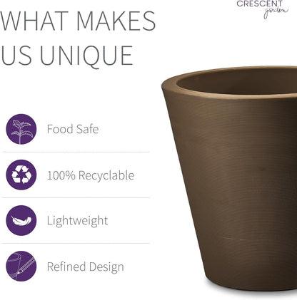 Crescent Garden Madison Planter– Weather-Resistant, Double Walled Indoor/Outdoor Plant Pot with Drain Hole – Durable All-Season Flower Container, 14" W (Mocha)