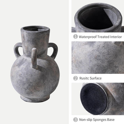 Rustic Grey Terracotta Ceramic Vase with Handles, Vintage Pottery Floral Vases, Cottage Core for Home Decor Table Centerpiece, Large Flower Vase for Bouquets Table Mantel Bedroon Bathroom 8.5 Inch