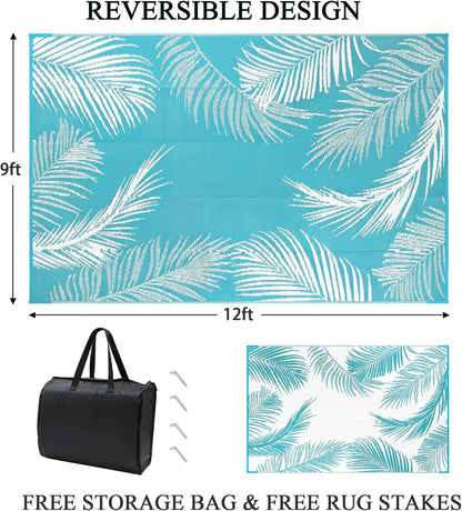 Pauwer Waterproof Outdoor Rug 9x12, Reversible Plastic Straw Patio Camping Rug, Indoor Outdoor RV Mat Carpet for Deck, Camper, Porch, Balcony, Backyard, Picnic, Leaf Teal