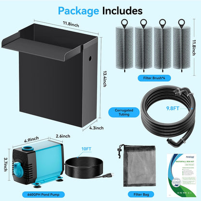 POPOSOAP Pond Waterfall Spillway with Pump Kit, 13.4" H x 12" W Stainless Steel Pond Waterfall Box with Pond Pump, Filtration, 10FT Corrugated Tubing for Outdoor Garden Pond Spillway