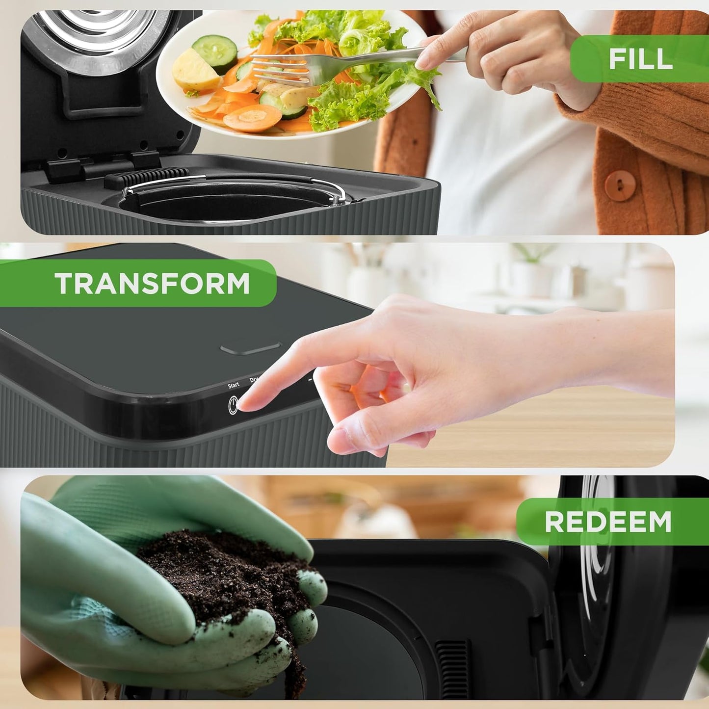 NutriChef Electric Kitchen Composter | 3 Quart Food Recycler | Food Waste Compost Bin for Countertop | 1 Button to Compost, Easy to Clean Composter Bucket | Low Noise, Odorless & Auto Clean | Grey