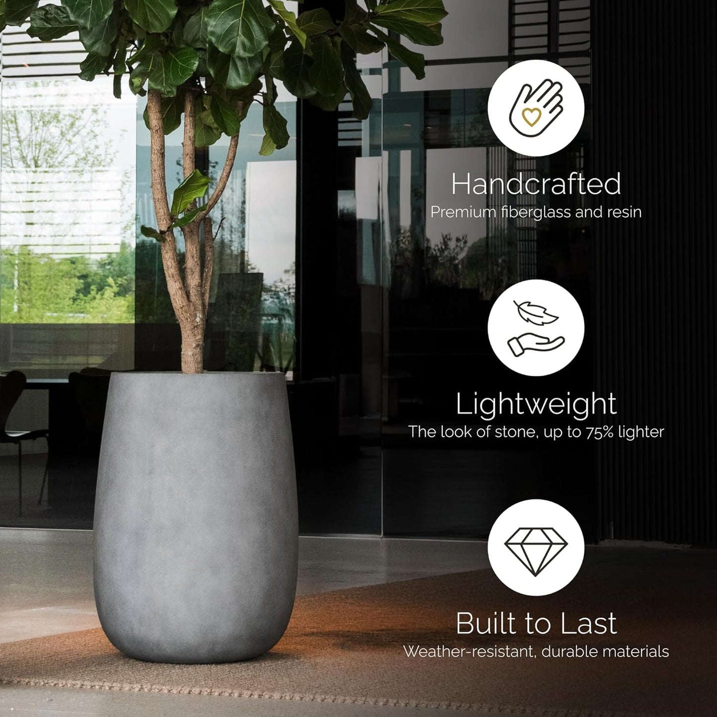 Mondo High Tall Planter – Concrete Stone Finish – Fiberglass Indoor/Outdoor and Weather-Resistant Round Planter (17.7" D x 30.9" H Exterior, 16.5" D x 30.7" H Interior)