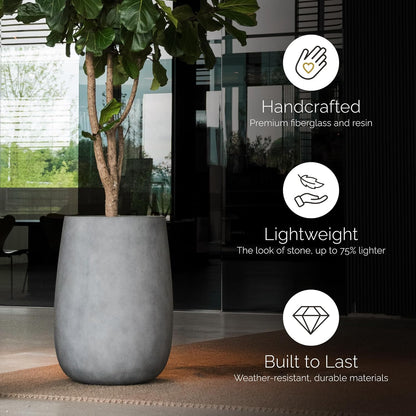 Mondo High Tall Planter – Sand Stone Finish – Fiberglass Indoor/Outdoor and Weather-Resistant Round Planter (25.6" D x 35.6" H Exterior, 20.3" D x 35.4" H Interior)