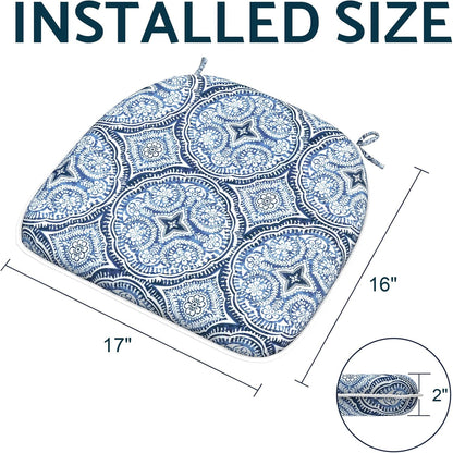 Indoor/Outdoor Chair Cushions 16x17 Inch, Patio Chair Cushions with Ties, All Weather Seat Cushions for Patio Furniture Home Garden Chair Use, Set of 2,Medallion Blue