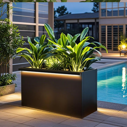 GSK 30" L Black LED Metal Planter Flower Box Vibe LED Lighting Strips ×2 Galvanized Steel Trough Shelf Grow Drainage Holes Indoor Space Rectangular Outdoor Patio Garden Decor Plant Herbs Houseplants