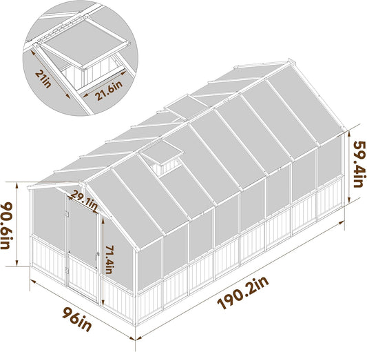 BlueWish 8x16FT Wood Greenhouse, Greenhouses with Cedar Frame, 6MM Thick Polycarbonate Panel, Wooden Green House with Adjustable Vent, Greenhouse for Outdoor, Patio, Garden, Backyard