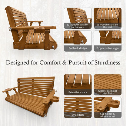 Wooden Porch Swing 2-Seater, Bench Swing with Cupholders, Hanging Chains and 7mm Springs, Heavy Duty 880 LBS, for Outdoor Patio Garden Yard (Cedar Tone, 4.5 FT Extra Large)