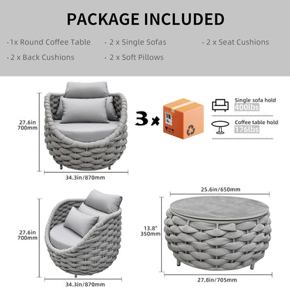 TWT 3 Pieces Aluminum Patio Furniture Set, Hand Woven Textilene Rope Outdoor Sofa Set w/Washable Cushion and Rock Slab Tabletop, Conversation Furniture for Livingroom Poolside Balcony (Grey)