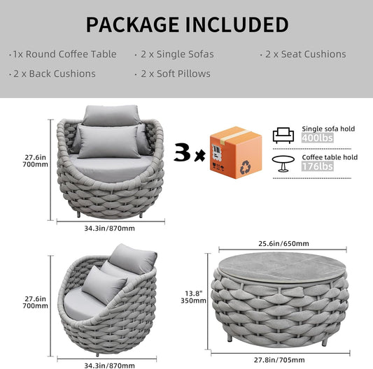 TWT 3 Pieces Aluminum Patio Furniture Set, Hand Woven Textilene Rope Outdoor Sofa Set w/Washable Cushion and Rock Slab Tabletop, Conversation Furniture for Livingroom Poolside Balcony (Grey)