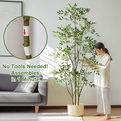 7.2ft Faux Bamboo Tree Artificial Nandina Tree Artificial Indoor Plants Realistic Fake Potted Tree with 800+ Leaves, Cement Planter - Home Office Decor Perfect for Housewarming Gift Non-Toxic