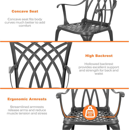 NUU GARDEN Patio Bistro Sets 3 Piece Cast Aluminum Bistro Table and Chairs Set with Umbrella Hole Bistro Set of 2 for Patio Backyard, Black