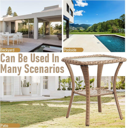 Outdoor Side Tables for Patio, Wicker/Rattan End Tables, Outdoor Wicker Side Table, Yellow Rattan Glass Top Patio Side Table