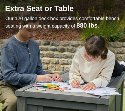 EAST OAK Outdoor Storage Box, 120 Gallon Deck Box with Stainless Steel Rods Large Resin Storage Bin for Patio Cushions, Garden Tools, Waterproof and UV Resistant, Lockable, Grey