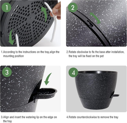 WOUSIWER 10 inch Self Watering Planters, 2 Pack Large Plastic Plant Pots with Deep Reservior and High Drainage Holes for Indoor Outdoor Plants and Flowers, Speckled Black