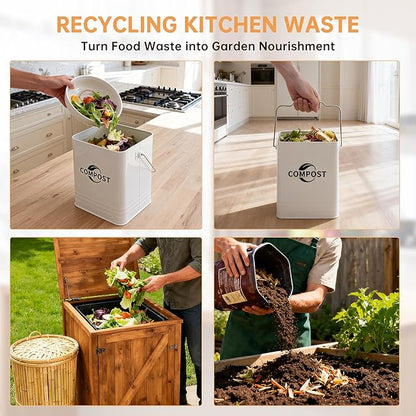 Kitchen Compost Bin, 1.7 Gallon Countertop Compost Bin with Lid and Charcoal Filter, Kitchen Composter for Food Waste, Rust Proof Indoor Bucket, White