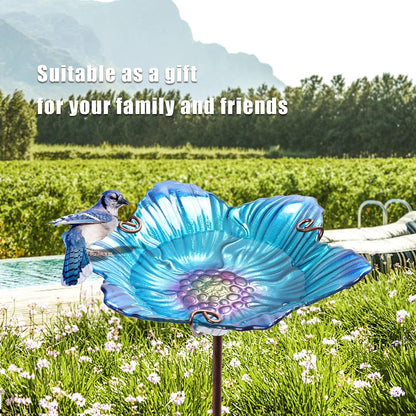 Outdoor Bird Bath Glass Birdbath Garden Birdfeeder with Metal Stake Blue(Height:26inch)