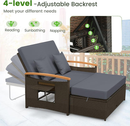 Tangkula Patio Rattan Daybed Set with Cushioned Loveseat and Storage Ottoman, Outdoor Double Chaise Lounger with 4-Level Adjustable Backrest and Retractable Side Trays for Backyard (Gray)