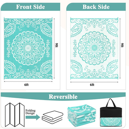 Pauwer Waterproof Outdoor Rug 6x9, Reversible Plastic Straw Patio Camping Rug, Indoor Outdoor RV Mat Carpet for Deck, Camper, Porch, Balcony, Backyard, Picnic, Boho Light Blue