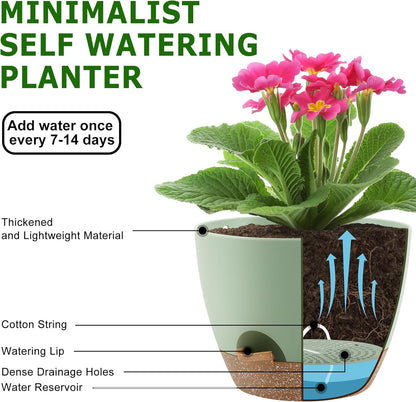 Plant Pots 10/9/8 Inch Self Watering Pots, Set of 3 Plastic Planters with Drainage Holes and Saucers,Plastic Flower Pots,Nursery Planting Pot for Indoor Out Door Plants（Green）