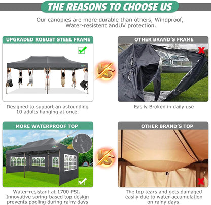COBIZI 10x20 Pop Up Canopy Tent Heavy Duty with 6 Removable Sidewalls, Commercial Heavy Duty Pop Up Tent for Parties All Weather Waterproof and UV 50+ Wedding Tent with Roller Bag(Legs Upgraded)