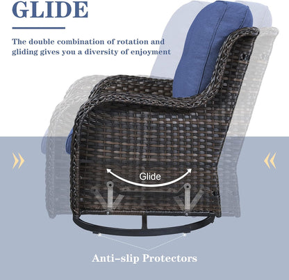 Outdoor Patio Furniture Set with 50000BTU Propane Fire Pit Table, 4 Pieces Wicker Patio Conversation Set with 2 Swivel Rocker Glider Chairs Rattan Sofa Blue Cushion Perfect for Casual Gathering