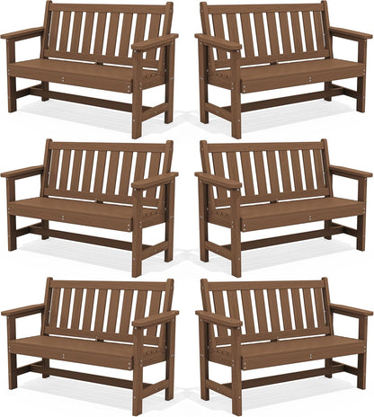 SERWALL Outdoor Bench, HDPE Outdoor Benches Weatherproof, 2-Person Garden Bench with 660 lbs Weight Capacity, Patio Benches for Outdoors, Garden, Porch, Backyard and Park, Brown, 6 Pack
