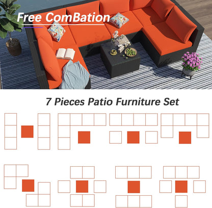 7 Piece Patio Furniture Set, Outdoor Couch Set—All-Weather Outdoor Furniture Sectional w Water Resistant Thick Cushions, Patio Sofa Set w 2 Extra Pillows and Coffee Table, Orange/Black