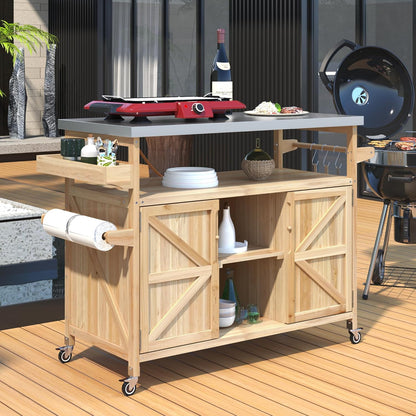 Grill Cart with Stainless Steel Tabletop - Outdoor Storage Cabinet for BBQ, Bar Patio Kitchen Island with Ample Storage and Lockable Wheels