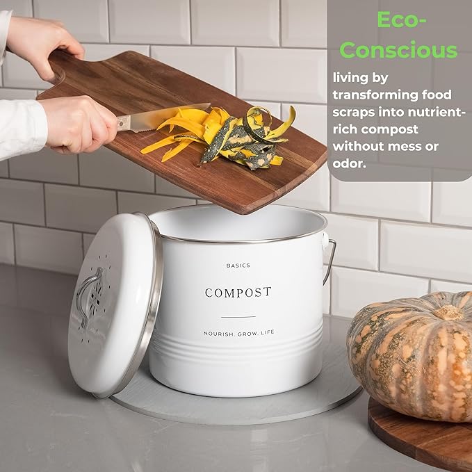 D'Lifeful Kitchen Compost Bin – 1.3 Gallon Countertop Farmhouse Compost Container with Lid – Odorless Indoor Food Scrap Pail with 6 Charcoal Filters – Eco-Conscious and Easy to Clean (White)