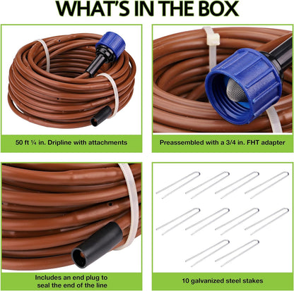 Raindrip R567DT Drip Irrigation Watering Kit for Vegetable Gardens Includes 50 feet of 1/4-Inch Dripline, 3/4-Inch FHT Adapter, 10 Hold-Down Stakes, 1 End Plug