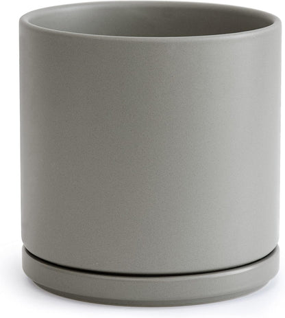 D'vine Dev 10 Inch Ceramic Planter Pot with Drainage Hole and Saucer, Indoor Cylinder Round Planter Pot, Grey, 94-O-E-3