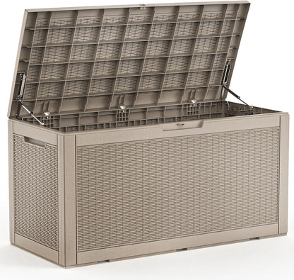 100 Gallon Waterproof Outdoor Storage Box,Resin Deck Box,Lockable Outside Storage Box Container for Patio Furniure,Garden,Pool Tools (100 Gallon,Grey pattern)