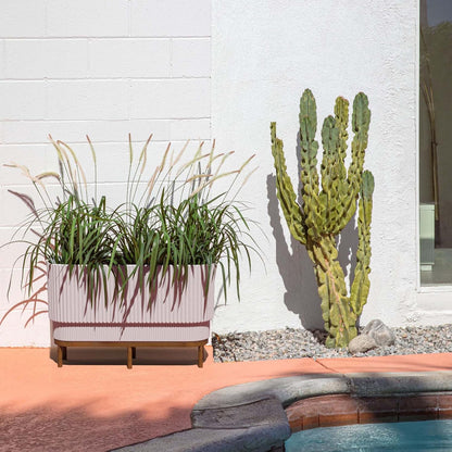 Veradek Demi Series Raised Long Planter for Indoor/Outdoor Use | Made from Plastic & Stone w/Wooden Stand | Modern Patio Décor for Flowers/Shrubs