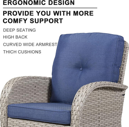 HUMMUH 5-Piece Patio Furniture Wicker Outdoor Conversation Set,All-Weather Rattan Swivel Chairs Bistro Set with Loveseat Coffee Table for Backyard,Poolside,Deck(Grey/Blue)