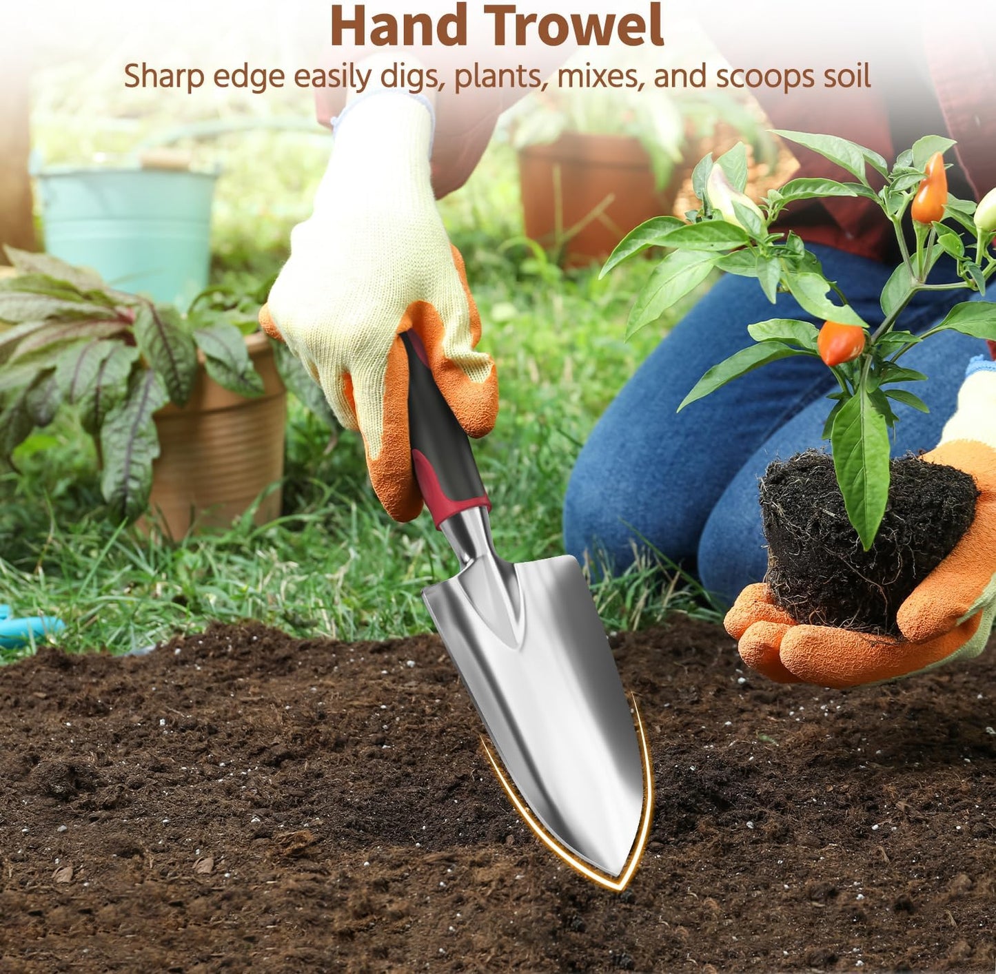 LASZOLA 3 Piece Garden Tool Set Include Hand Trowel Rake and Transplant Shovel for Women, Indoor Heavy Duty Small Spade Kit with Ergonomic Handle to Weed and Loosen, for Mom and Plant Beginner, Red